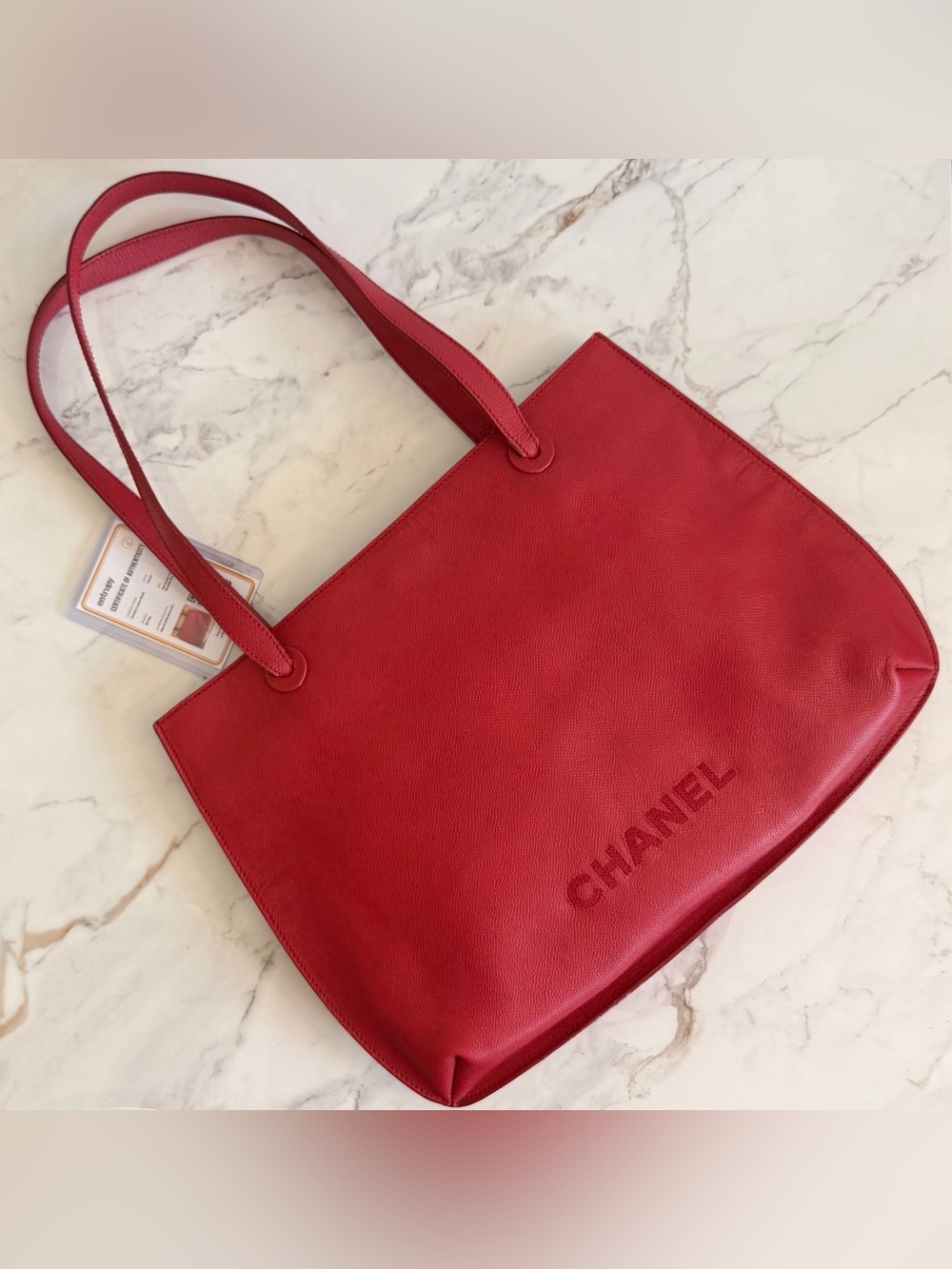 With COA Chanel Vintage Red Leather Shoulder Tote Embossed Logo
